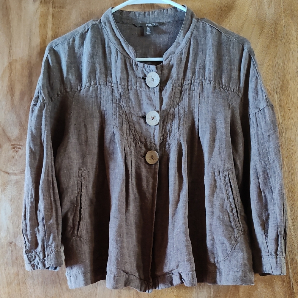 Pink Twill Linen Jacket Taupe Pintuck Cropped Mandarin Collar Lagenlook Earthy M